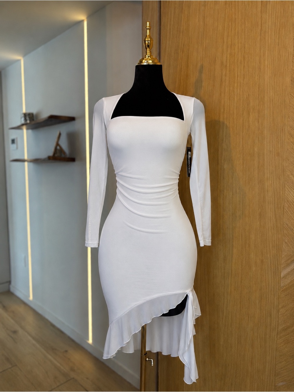 Karl Lagerfeld White Ruched Asymmetrical Bodycon Midi Dress | Clean Girl Muse